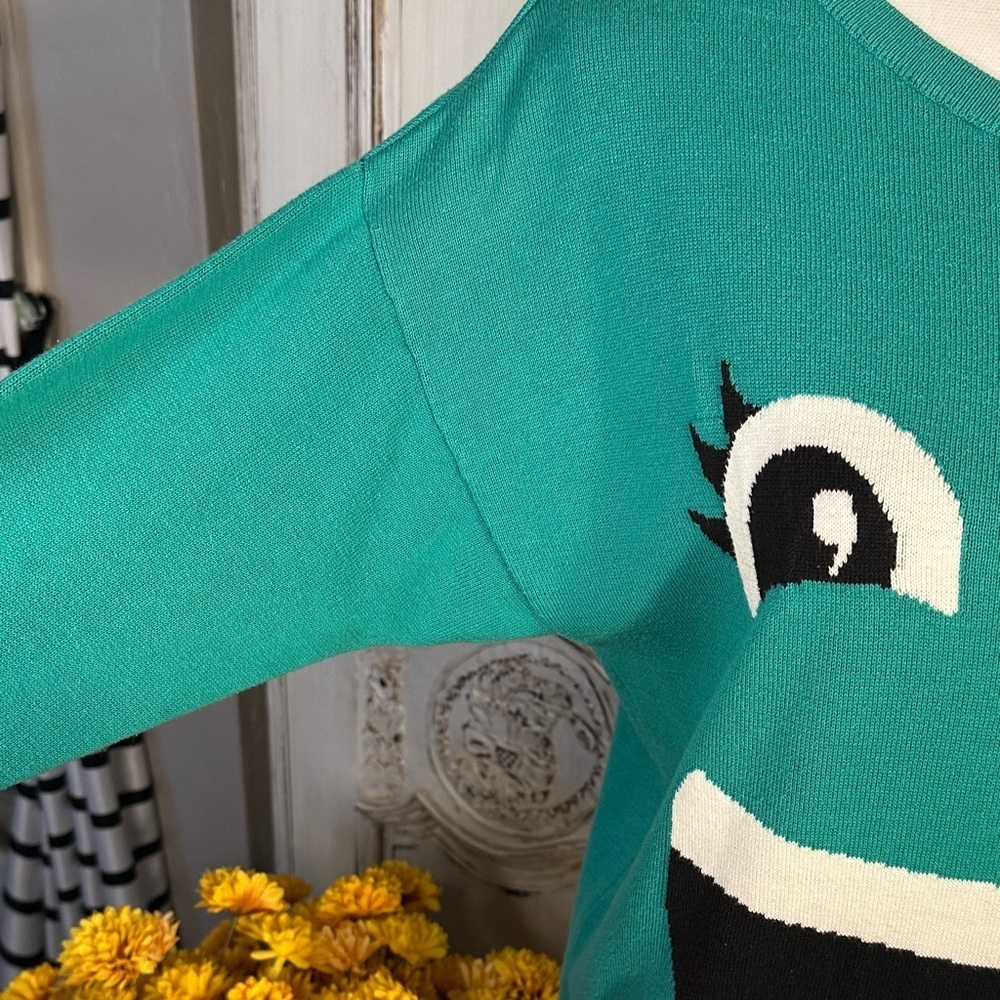 Y2K Teal Face Graphic Long Sleeves Sweater - Picture 5 of 8